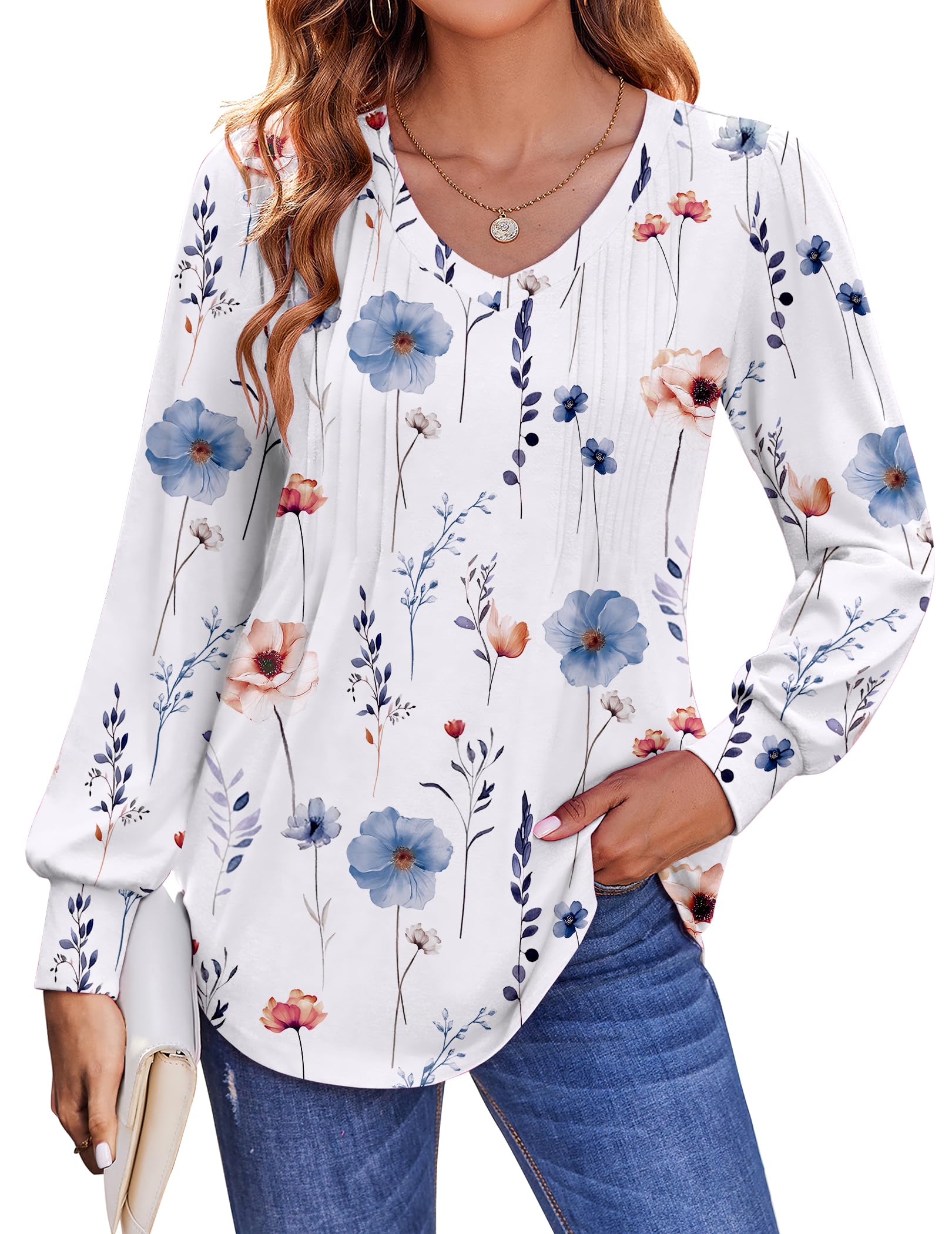 Zeagoo レディース パフ 長袖 シャツ プリーツ Vネック 秋 チュニック トップス ブラウス ドレッシー カジュアル 夏 Tシャツ