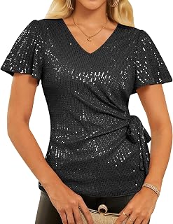GRACE KARIN Women Sequin Blouse Glitter Short Sleeve V Neck Tops