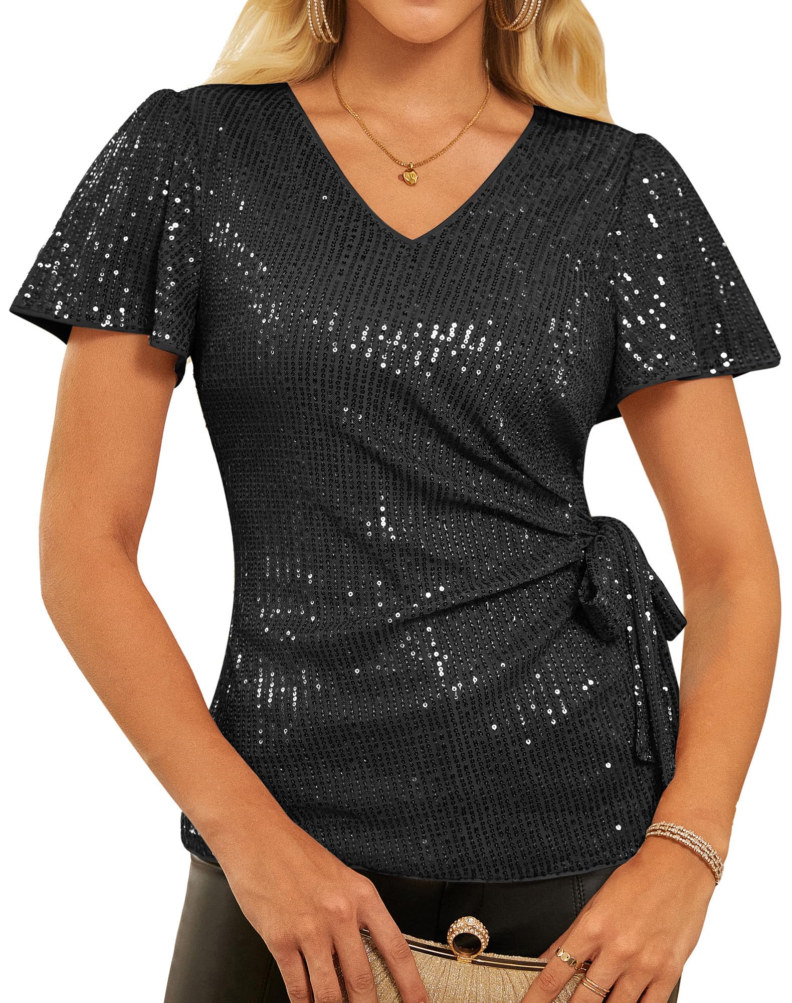 GRACE KARIN Women Sequin Blouse Glitter Short Sleeve V Neck Tops