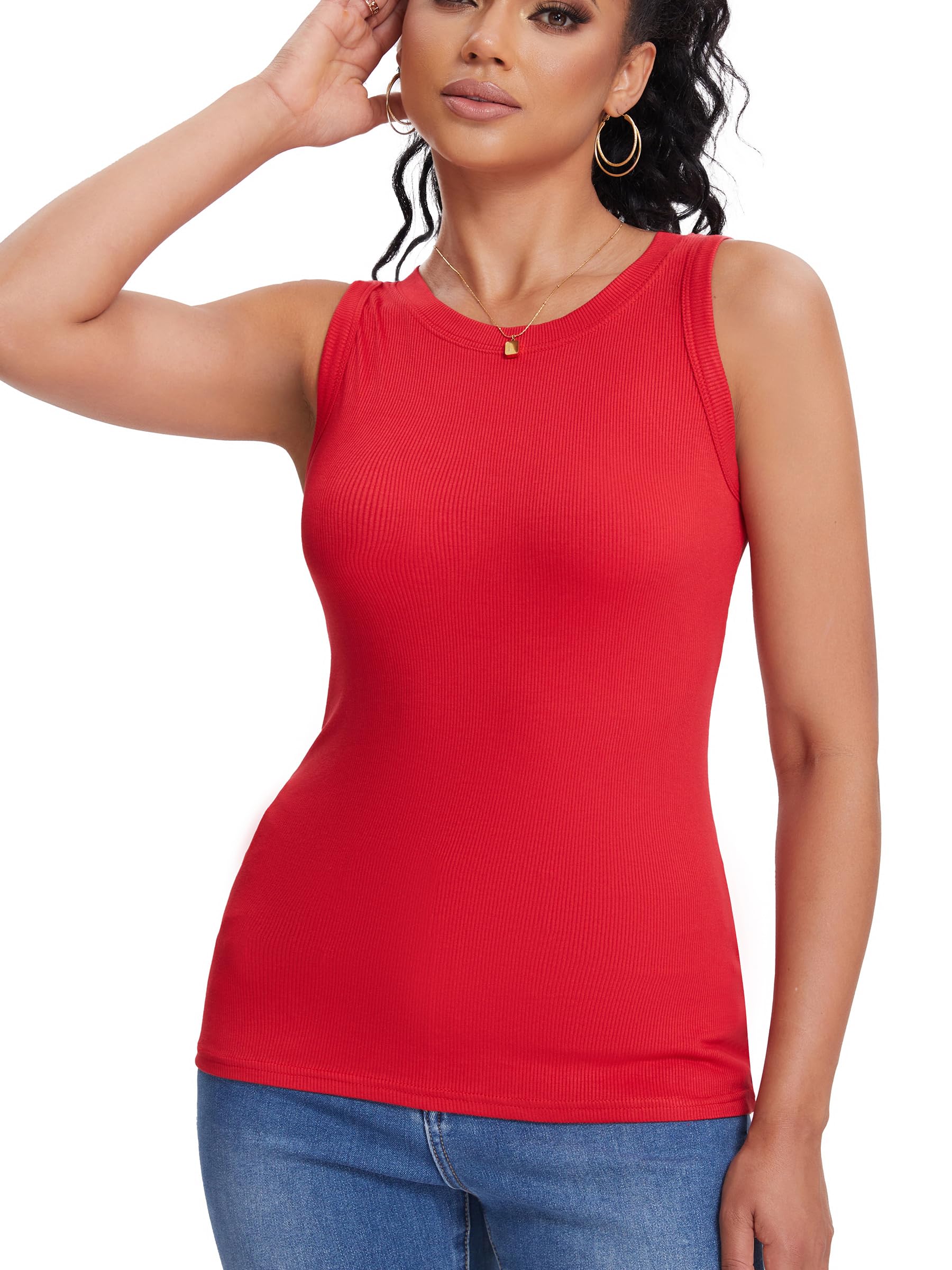 Ribbed Tank Tops Womens Crew Neck Summer Soft Slim Fit Tshirt
