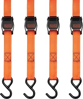 BLACK+DECKER 1" x 10' Light-Duty Cambuckle Tie-Down Straps, 4-Pack | 900 lbs Break Strength, Oversized Release Lever, Weather-Resistant, Coated S-Hooks, Easy to Secure Lightweight Cargo