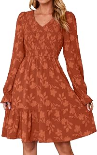 Simplee Womens Fall Long Sleeve V Neck Smocked Dress A Line Flowy Ruffle Mini Wedding Guest Dress with Pockets