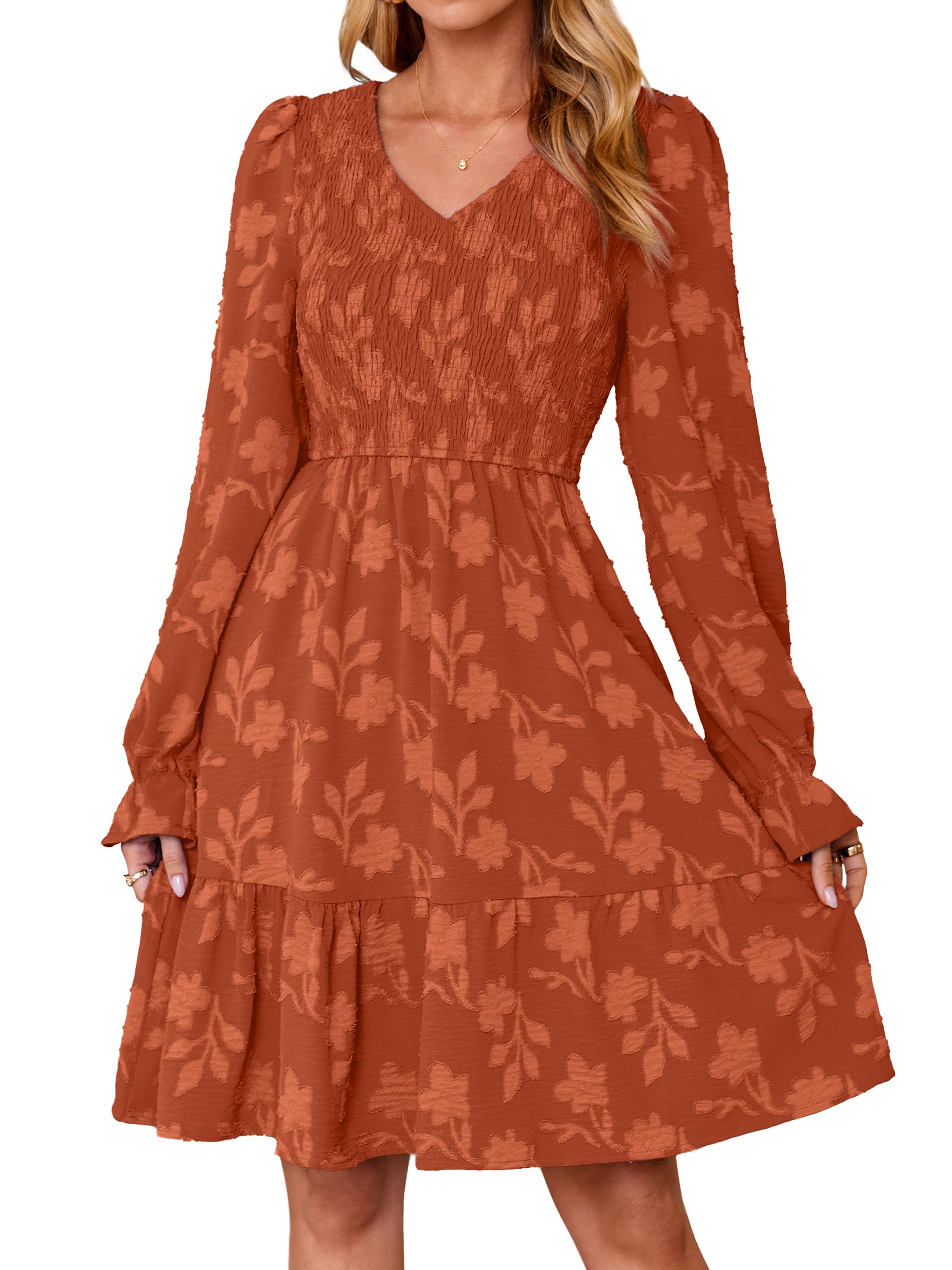 Simplee Womens Fall Long Sleeve V Neck Smocked Dress A Line Flowy Ruffle Mini We