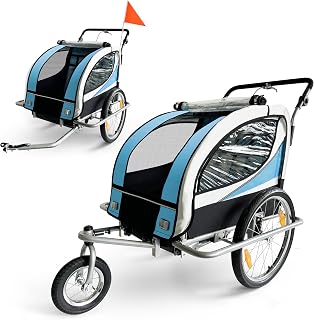 SAMAX Children Bike Trailer 2in1 Kids Jogger Stroller with Suspension 360° rotatable Childs Bicycle Trailer Transport Buggy Carrier for 2 Kids in Blue - Silver Frame