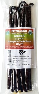 11 Organic Madagascar Vanilla Beans Grade A. ~6" Length by FITNCLEAN VANILLA| for Extract, Cooking and Baking. Bourbon Fresh Gourmet NON-GMO Whole Pods