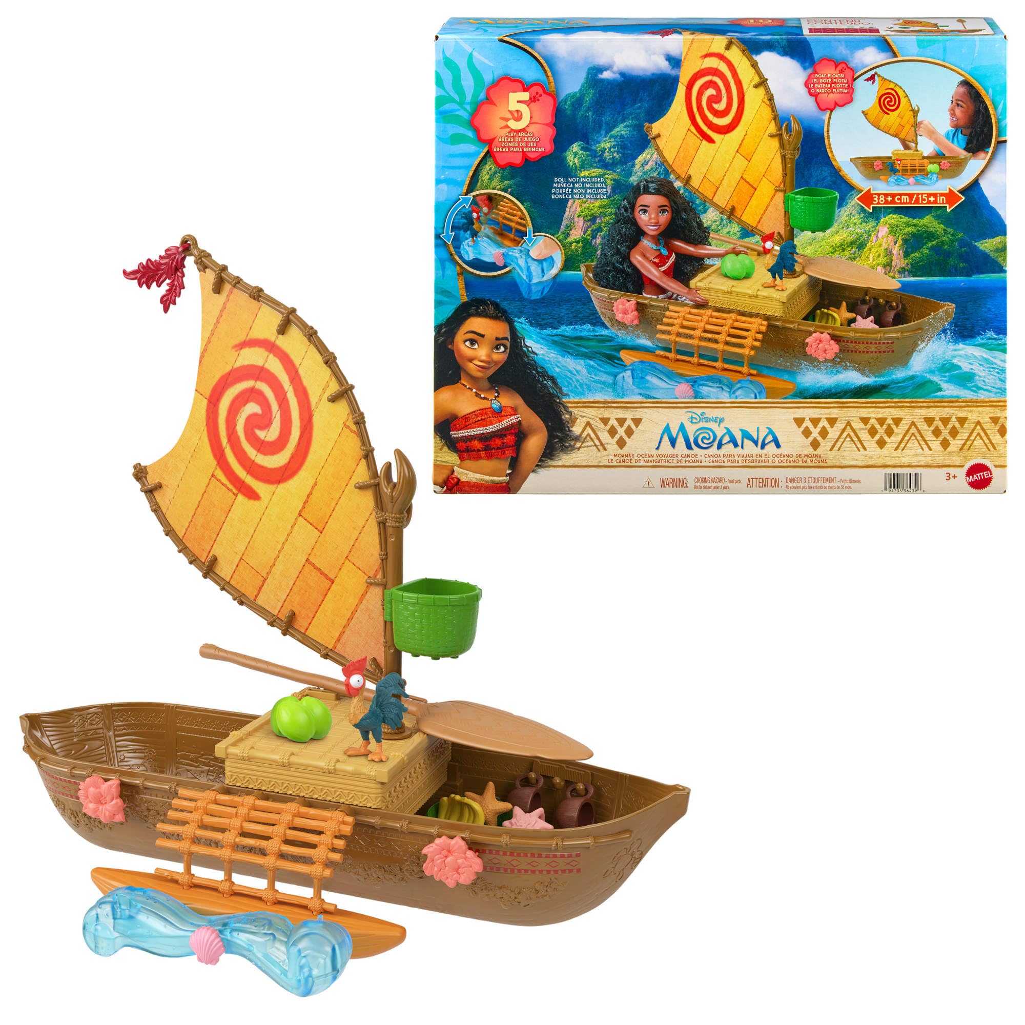 Mattel Disney Moana Ocean Voyager Canoe Floating Boat Playset | 5 Play Areas, 9 