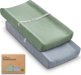 2-Pack Muslin Diaper Changing Pad Covers Boy, Girl,Soft Breathable (Slate) | Muslin Cotton Changing Table Cover, Organic Baby Changing Pad Sheets, Contoured Change Pads Liners, Machine Washable, 34x18