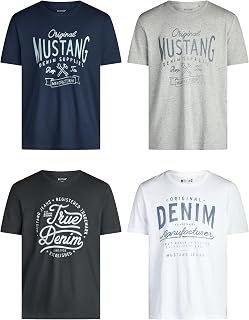 MUSTANG Men's Cotton T-Shirt, Regular Fit, Pack of 4, Crew Neck, Short Sleeve, Summer T-Shirt, Logo Print, Black, White, Grey, Blue, Green, S, M, L, XL, XXL, 3XL, 4XL, 5XL, 6XL