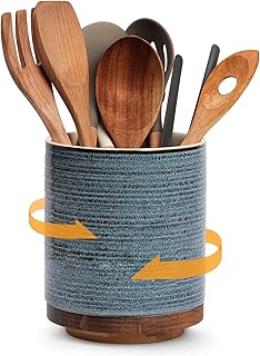 DOWAN 360° Rotating Extra Large Cooking Utensil Holder, 7.6" Kitchen Utensil Holder for Countertop, Utensil Crock for Farmhouse Kitchen Decor, Ceramic Stable Utensil Caddy, Blue