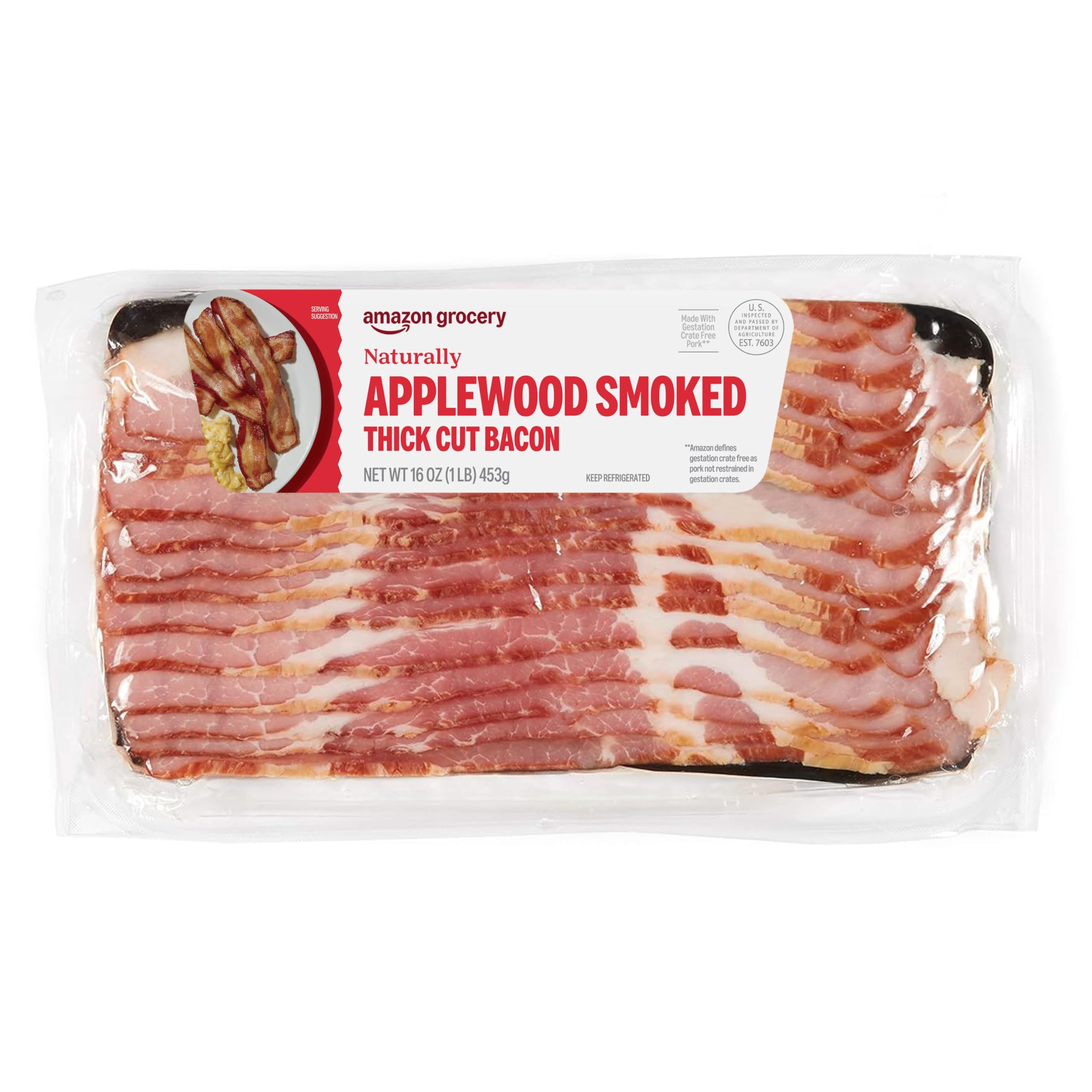 Amazon Grocery, Applewood Smoked Thick Cut Bacon, 16 Oz, Prop 12 Compliant (Prev