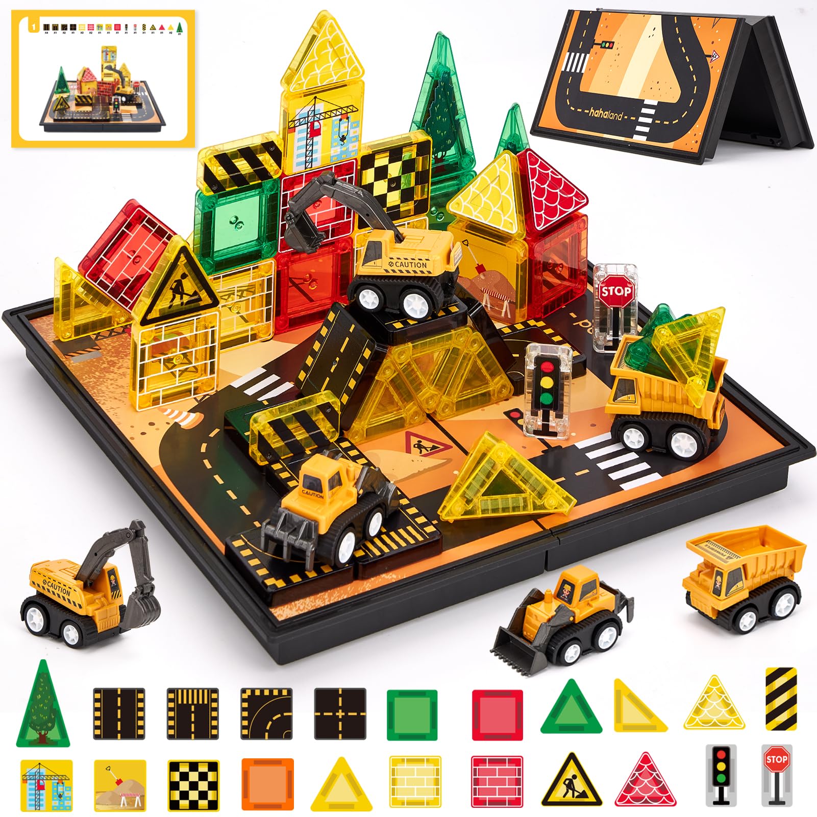 hahaland Mini Magnetic Tiles Travel Construction Toys with Engineering Cars | Ma