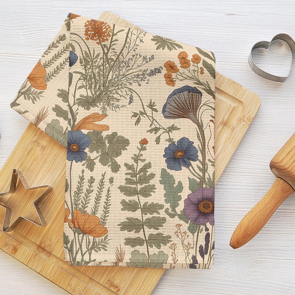 Botanical Kitchen Towels 24 x 14 Inches Retro Waffle Weave Flower Butterfly Hand