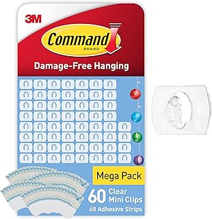 Command Decorating Clips, 60 Mini Hooks, 68 Adhesive Strips, Transparent | Mega Pack, Ideal for Hanging Decorations and Fairy Lights, Damage Free Hanging, No Tools Required
