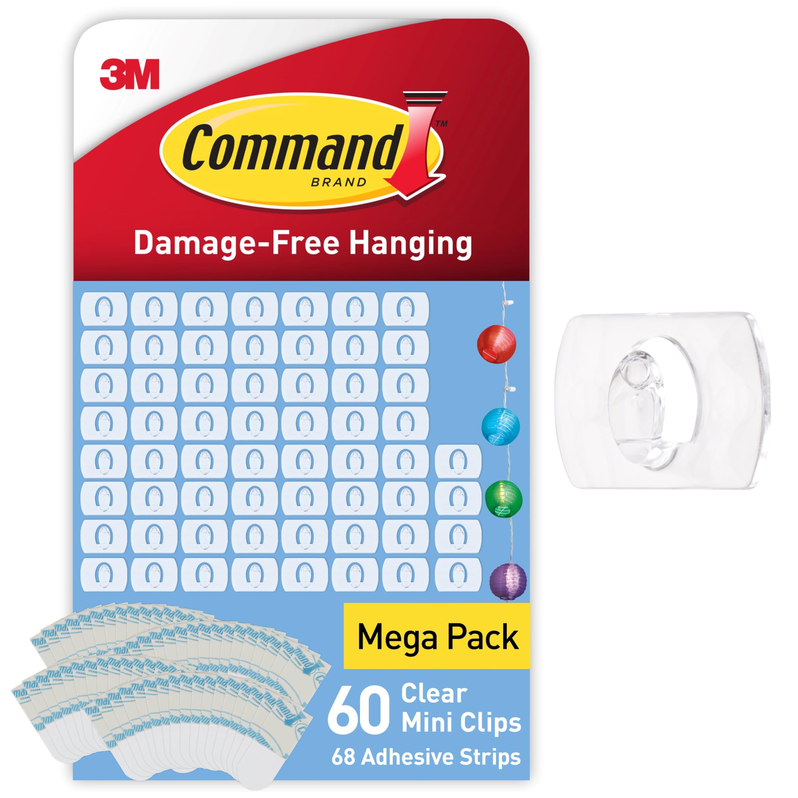 Command Decorating Clips, 60 Mini Hooks, 68 Adhesive Strips, Transparent | Mega 