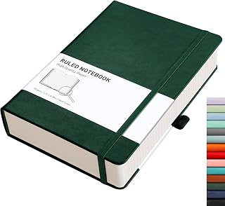RETTACY A5 Lined Notebook, Hardcover Journal, 320 Pages, Dark Green | Leather Notepad for Men Women, 100 GSM Thick Ruled Paper, for School Office Writing - 14.5 × 21 cm
