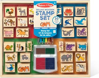 Melissa & Doug Deluxe Animals Wooden Stamp Set With Markers | 38 Piece Set, 30 Wooden Animal Stamps, 6 Colored Markers, 2 2-Color ink Pads, Arts & Crafts, Preschool Toys for Kids, Ages 4+
