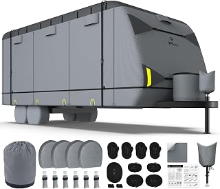 RVMasking Travel Trailer RV Cover, 9-Layer Heavy Duty Waterproof,28-31ft | Dark Gray Camper Cover for Toy Hauler, Windproof, UV resistant, 3Pcs Reinforced Straps, Tongue Jack Cover, 4 Tire Covers