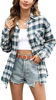Megfie Womens Oversized Flannel Plaid Shirt Button Down Shirt Blouses