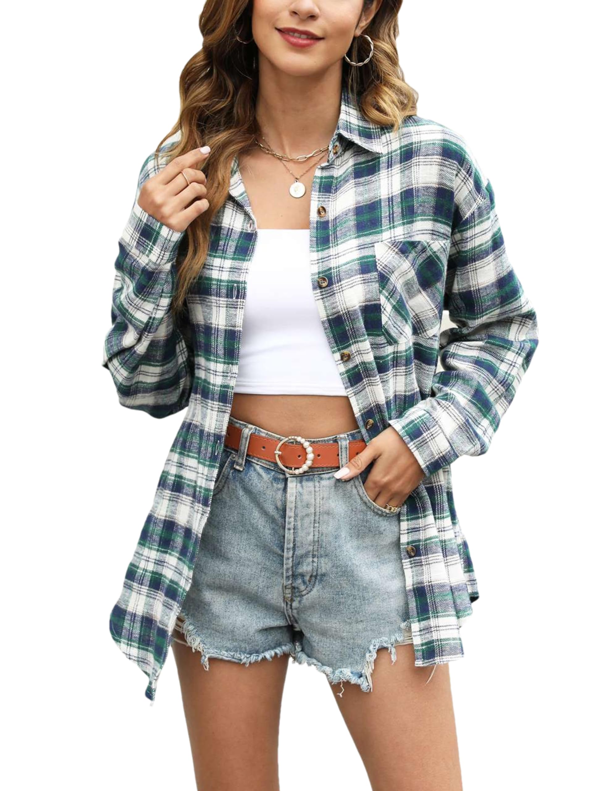 Megfie Womens Oversized Flannel Plaid Shirt Button Down Shirt Blouses