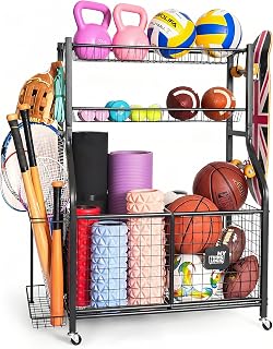 Mythinglogic Rolling Sports Equipment Organizer for Garage Gear and Toys | Metal rolling organizer stores balls, bats, rackets, helmets, bags and outdoor toys in separate bins, baskets and hooks