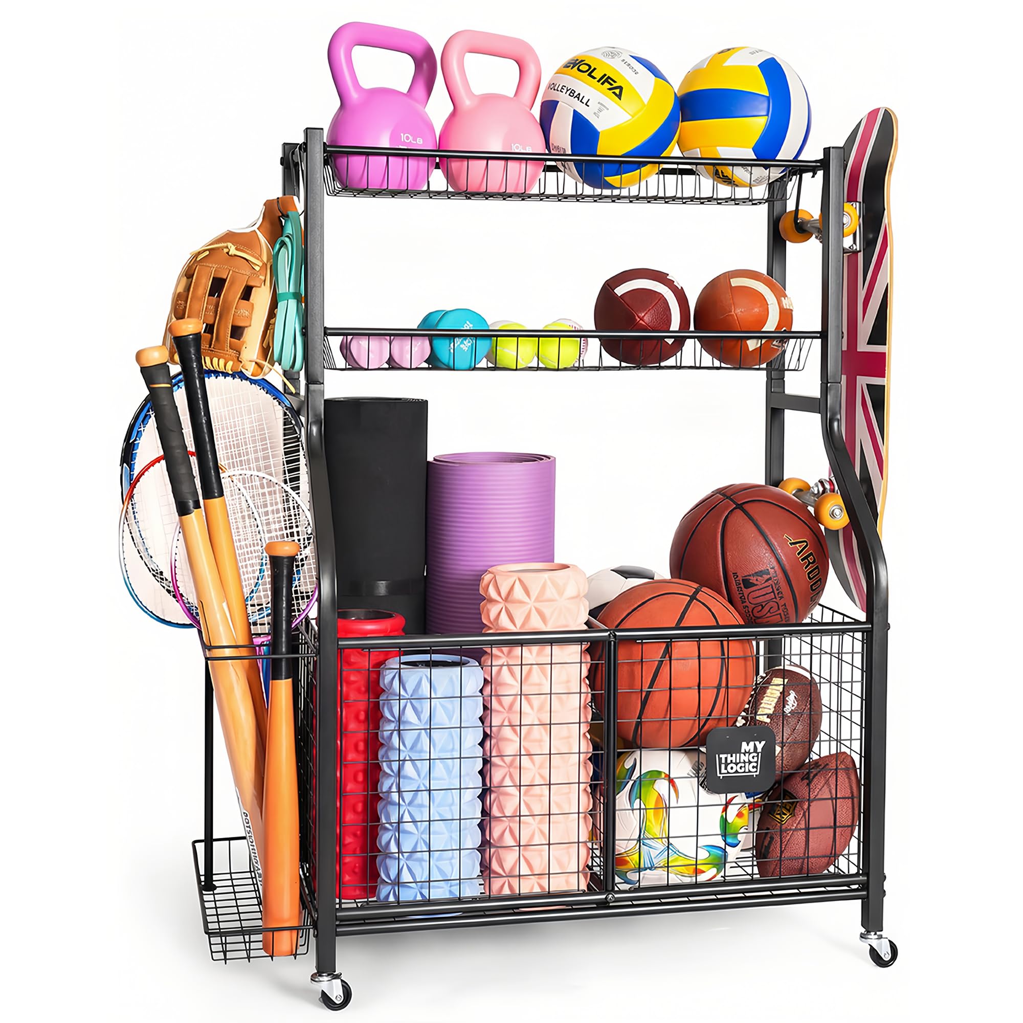 Mythinglogic Rolling Sports Equipment Organizer for Garage Gear and Toys | Metal