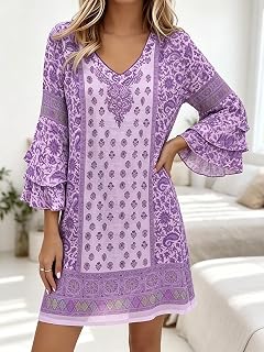 Women's Floral Print V Neck Bell Sleeve Vintage Lightweight Casual Holiday Beach Dress