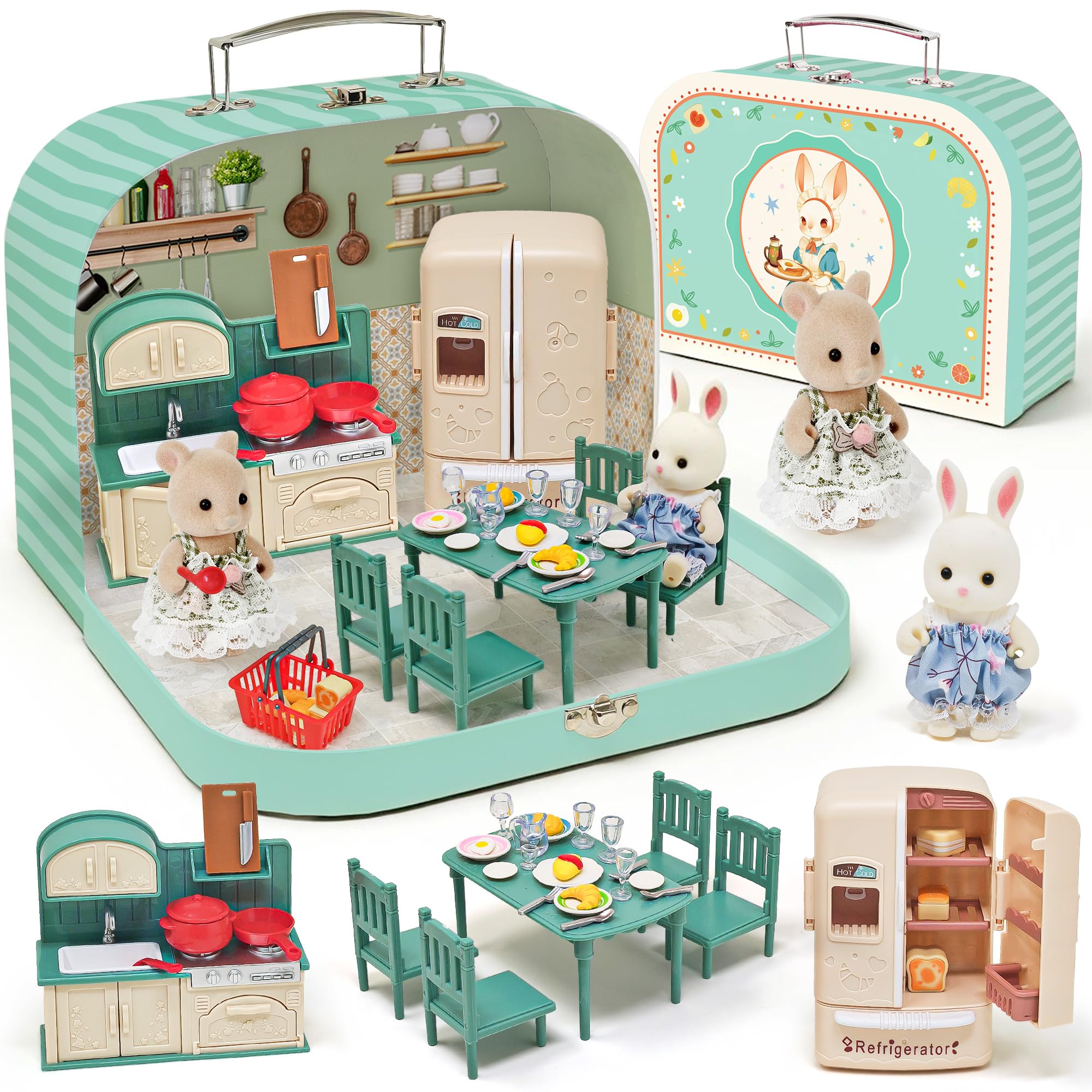 Dollhouse Kitchen Furniture Suitcase Set for Kids, 2 Flexible Dolls/Dining Tble/