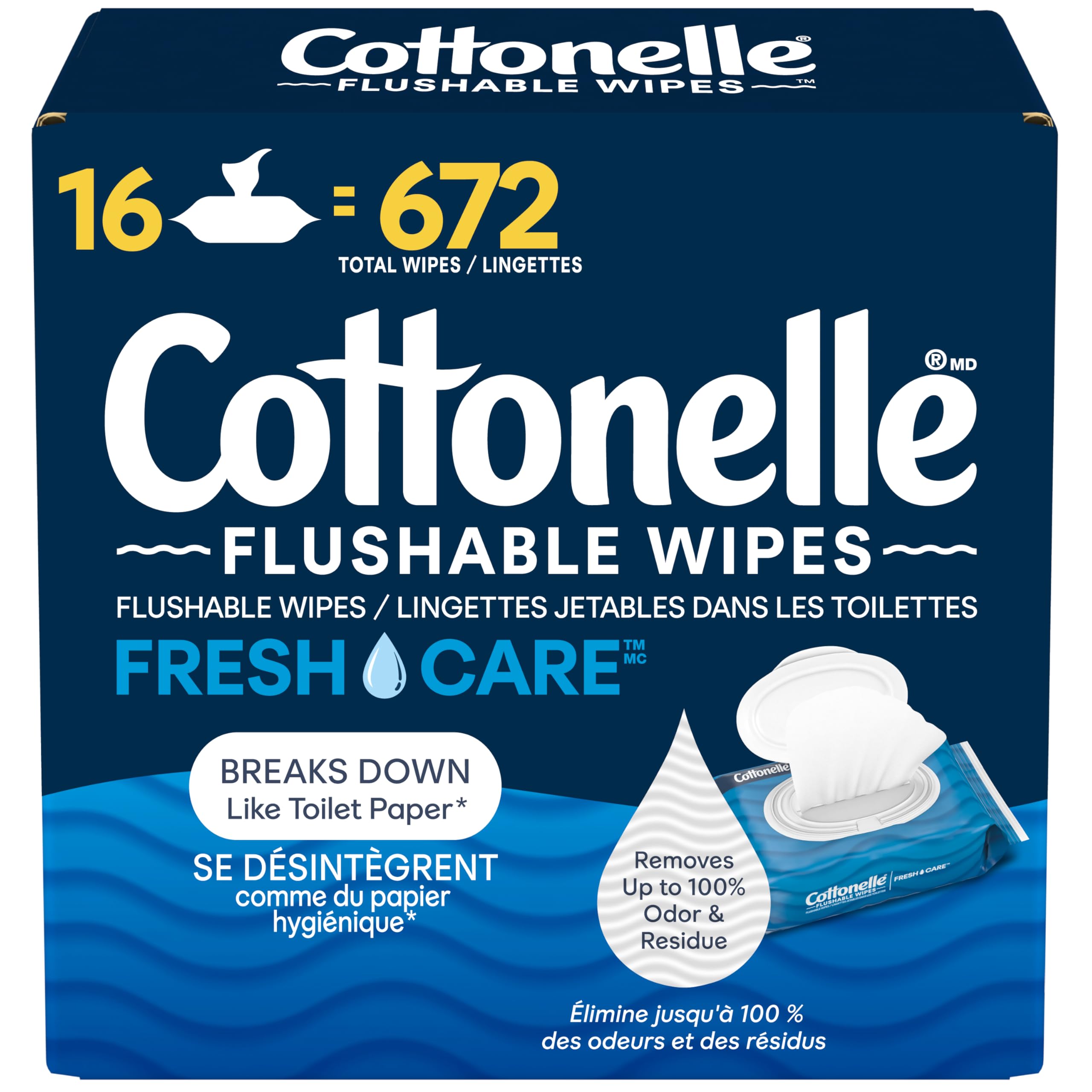 Flushable Wet Wipes, Cottonelle FreshCare, Biodegradable & Septic Safe, 16 Flip-