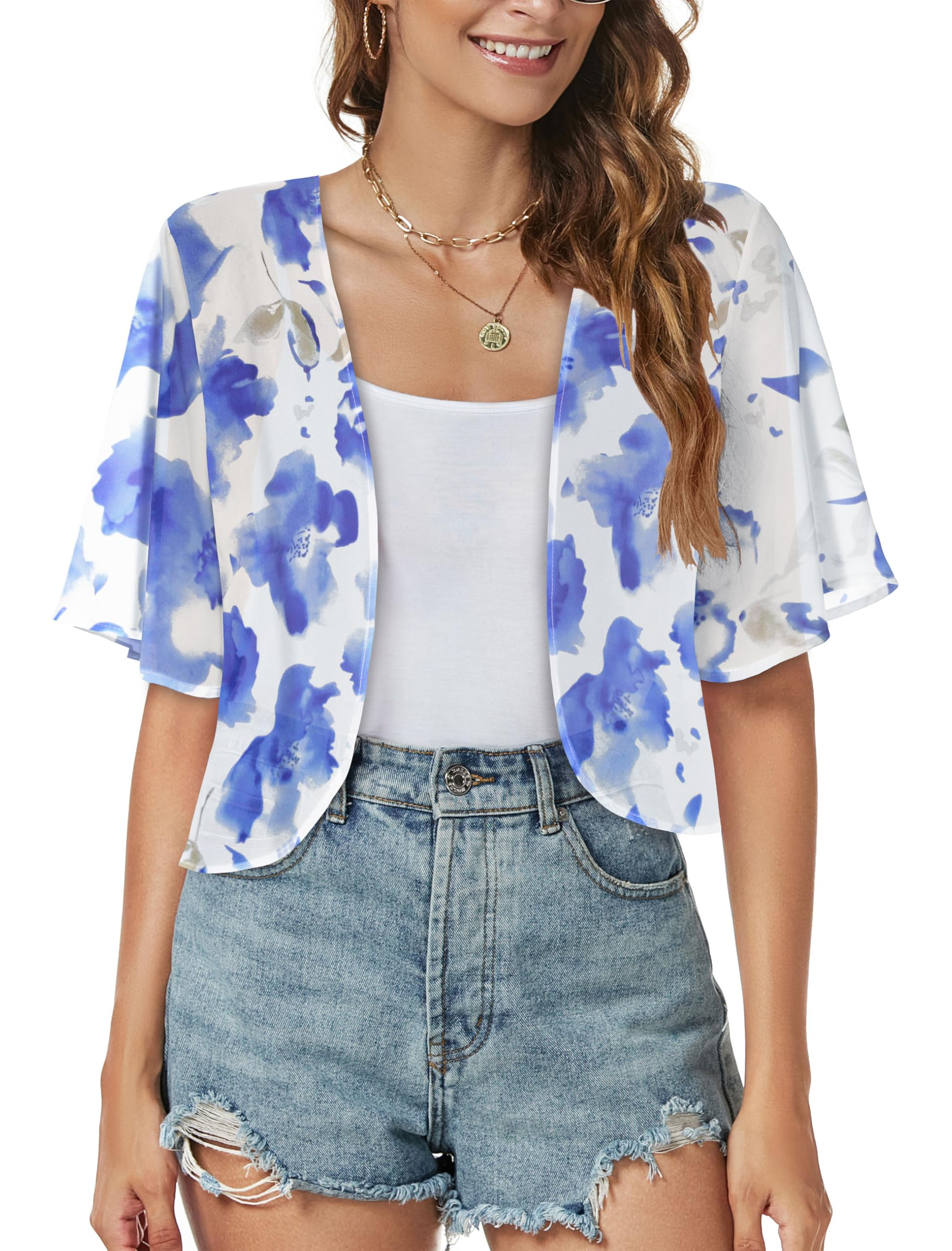 Women Shrug Chiffon Cardigan Open Front Short Sleeve Sheer Bolero for Dress