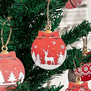 Set of 12 Red and White Wooden Christmas Baubles Elk Snowflake Hanging Decoration for Winter Party