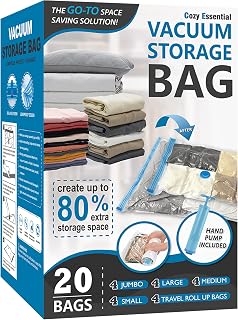 Vacuum Storage Bags with Hand Pump, Vacuum Seal Space Saver Bags,20 Combo | 80% Space-Saving Bags for Clothing, Blankets, Pillows, Bedding & Comforters; Multi-Size Variety Pack for Home & Travel