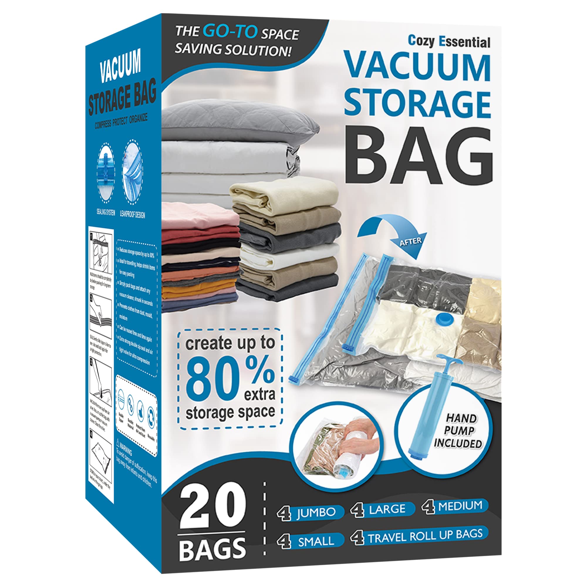 Vacuum Storage Bags with Hand Pump, Vacuum Seal Space Saver Bags,20 Combo | 80% 
