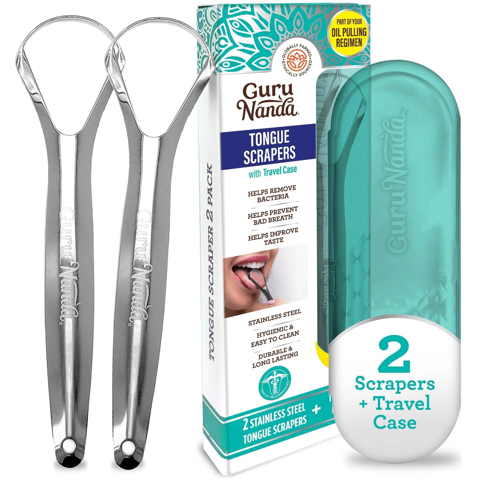 GuruNanda Stainless Steel Tongue Scraper (Pack of 2), Fight Bad Breath, Medical 