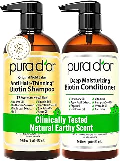 PURA D'OR Gold Label Anti-Thinning Biotin Shampoo &amp; Conditioner, 16oz x2 | Thicker-Looking Hair, Clinically Tested, Botanical Extracts, Aloe Vera Base, Men &amp; Women, Sulfate-Free, Natural Earthy Scent