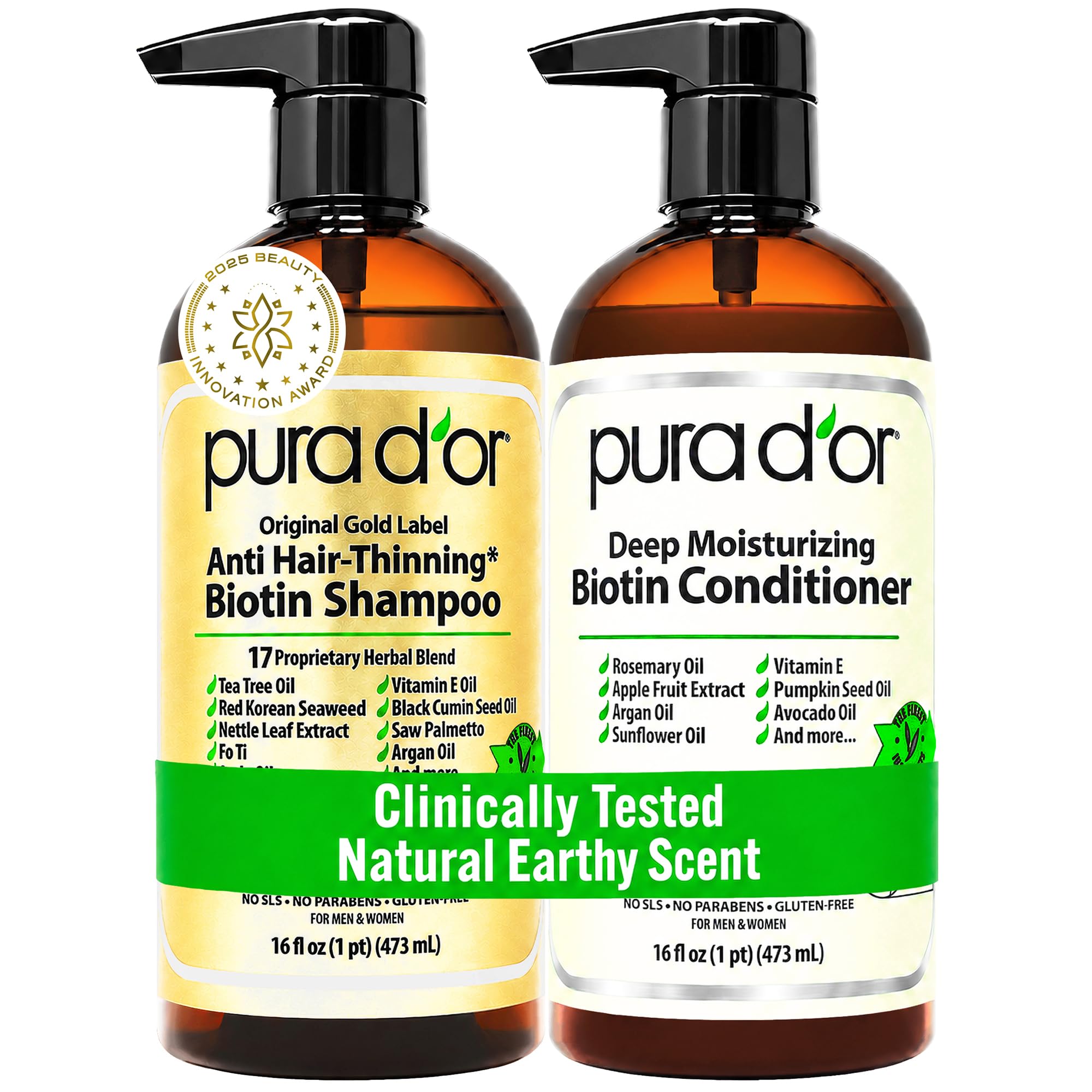 PURA D'OR Gold Label Anti-Thinning Biotin Shampoo &amp; Conditioner, 16oz x