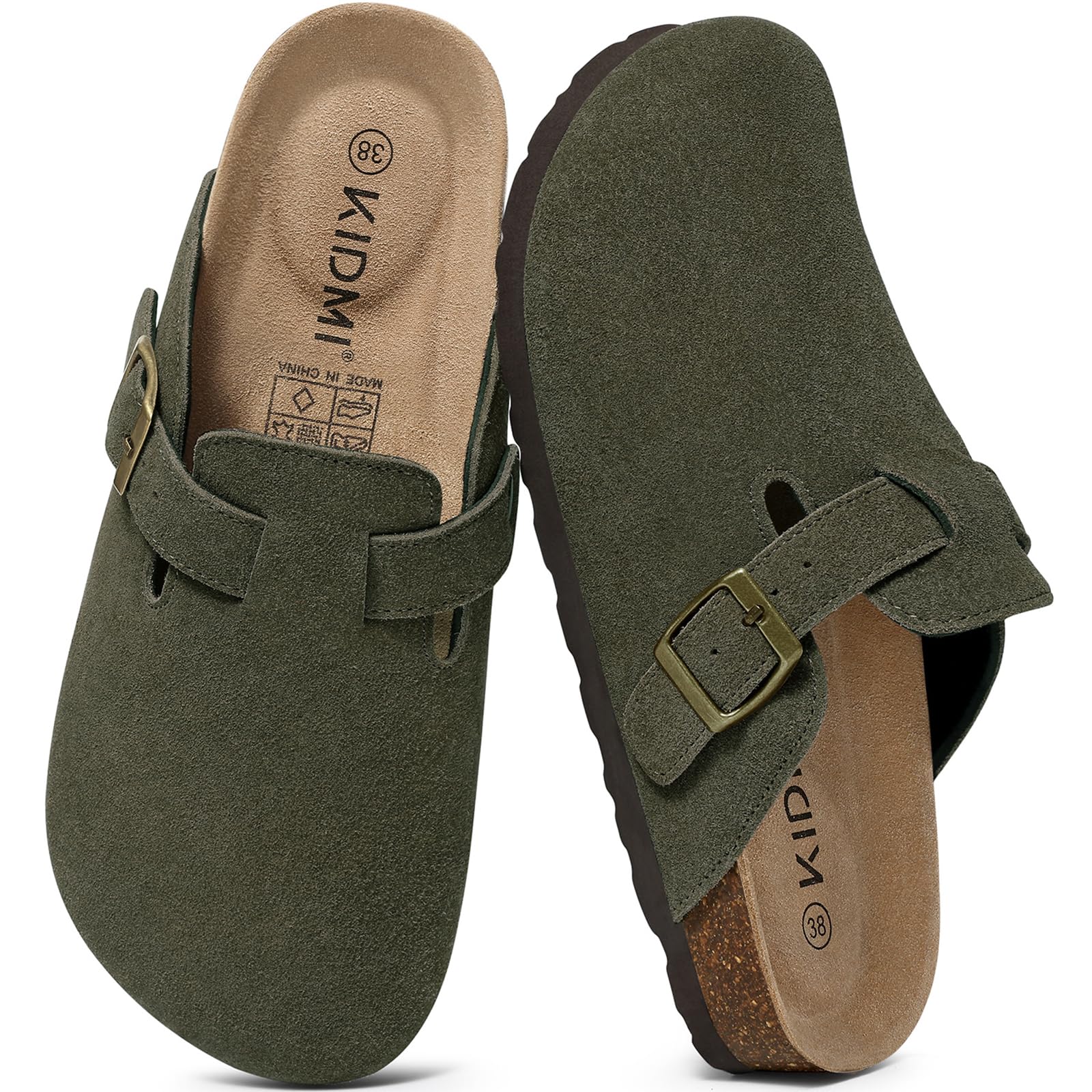 KIDMI Genuine Suede Clogs Women Cork Footbed Leather Mules Arch Support