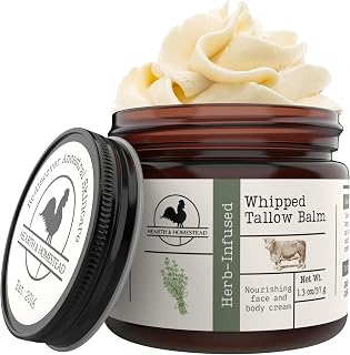 Hearth & Homestead Whipped Beef Tallow for Skin & Face – 100% Grass Fed, Eczema Cream & Body Butter – Organic Olive Oil, Calendula & Rose – Lotion & Hand Moisturizer for Dry Skin, Unscented, 37g