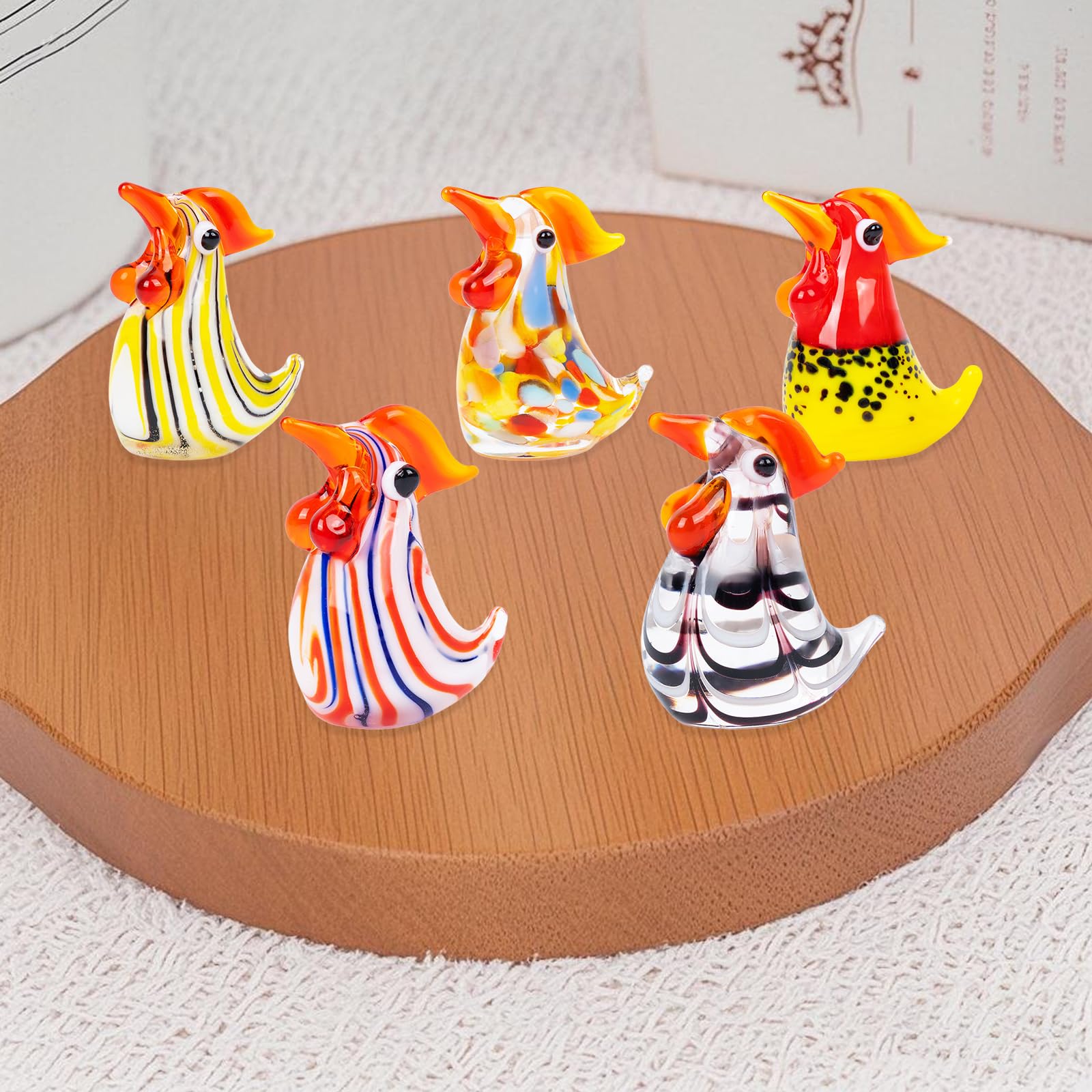 5 Pieces Hand Blown Rooster Art Glass Figurines, Rooster Animal Statues for Home