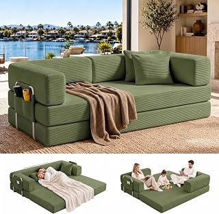 GEARIVY Convertible Sleeper Sofa Bed Corduroy Couch Bed 4-in-1 DIY Combination Modular Sofa Fold Out King Size Sleeper Floor Cama Lounge Couch for Living Room (Green, 204CM)