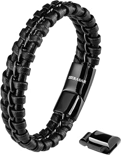 SERASAR Men's Leather Bracelet with Stainless Steel Magnetic Clasp
