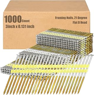 Therwen 1000 Count 3 Inch x 0.131 Inch Framing Nails, 21 Degree | Flat D Head Ring Shank, Galvanized for Pressure Treated Lumber, Plastic Collated, Ideal for Deck Fence Framing Projects