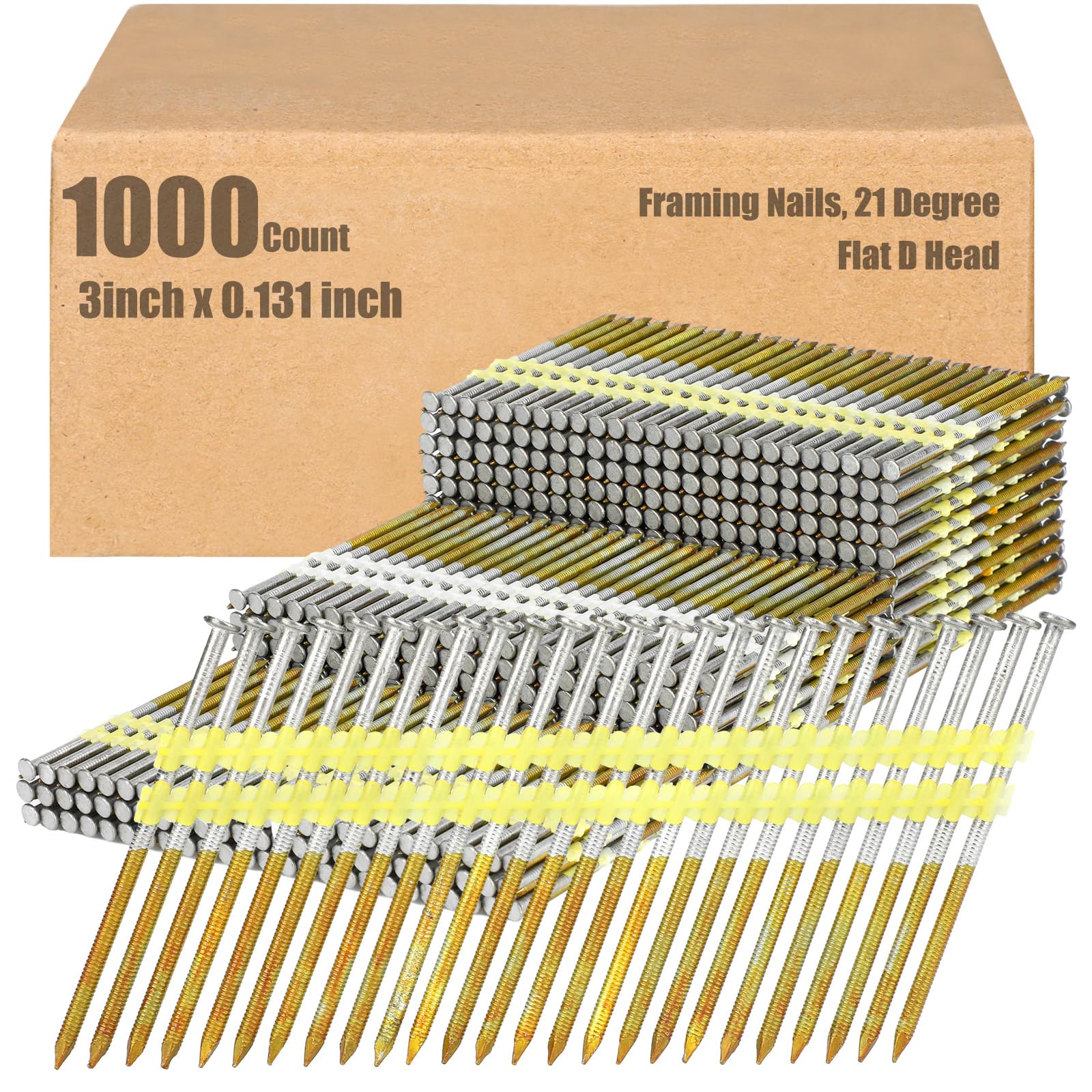 Therwen 1000 Count 3 Inch x 0.131 Inch Framing Nails, 21 Degree | Flat D Head Ri