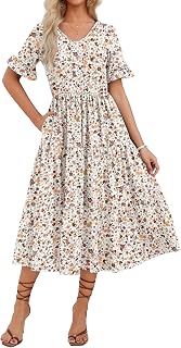Zeagoo Women's Summer Dress Casual V-Neck Floral Short Sleeve Ruffle Beach Dress with Pockets