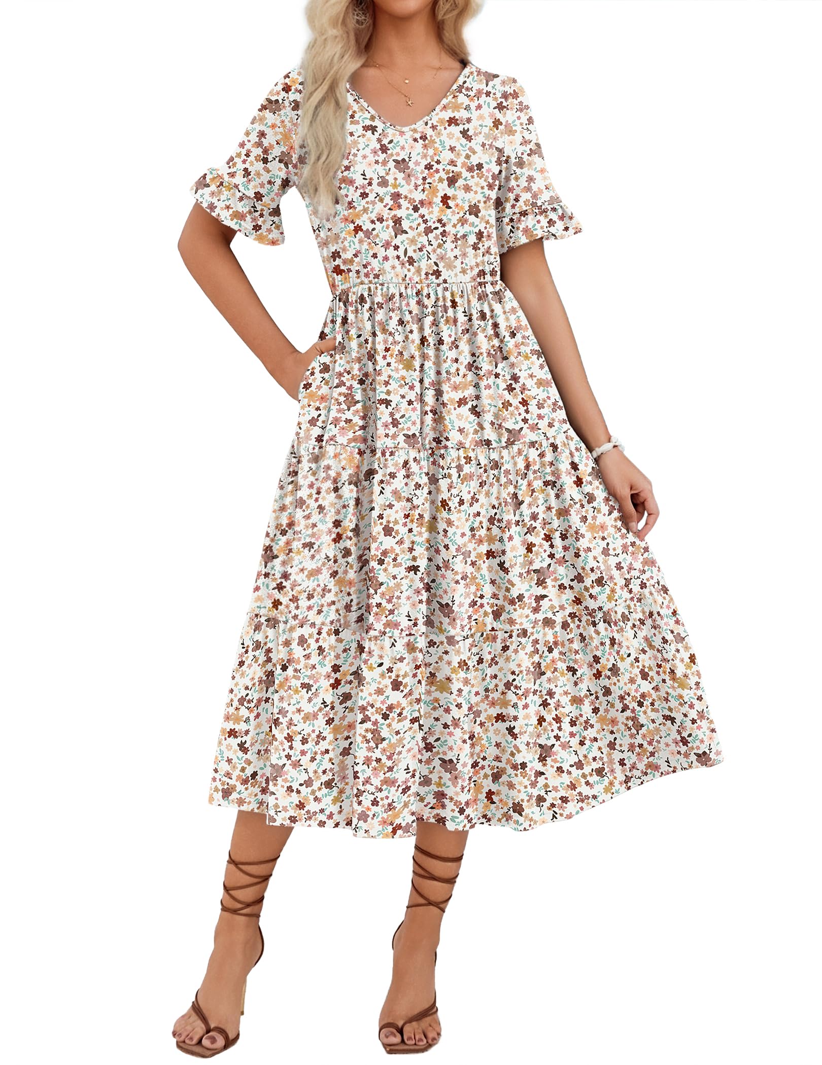 Zeagoo Women's Summer Dress Casual V-Neck Floral Short Sleeve Ruffle Beach Dress