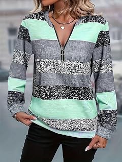 Women Tops Long Sleeve Casual Striped Pullover Zipper Trendy 2026