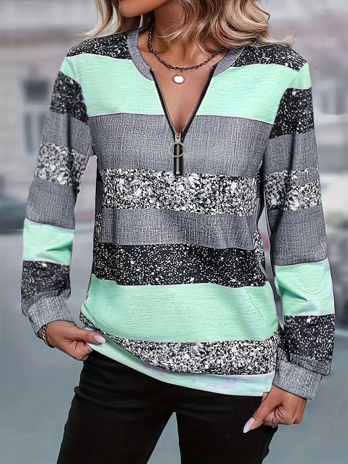 Women Tops Long Sleeve Casual Striped Pullover Zipper Trendy 2026
