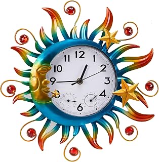 HL3NIGIM Sun and Moon Outdoor Clocks for Patio Waterproof, Outdoor Wall Clock Thermometer Combo, 13 Inch Silent Non-ticking Decorative Clock with Temperature, Decor for Garden, Living Room and Kitchen