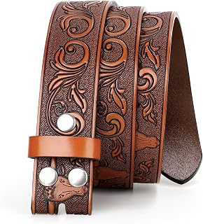 JASGOOD Western Leather Belt Strap for Men Engraved Cowboy Belt Strap without Buckle 1.5'' Wide Long Horn Bull Western Belt