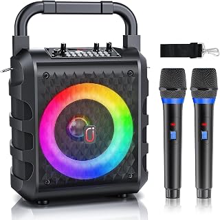 Karaoke Machine with 2 Wireless Microphones,20W 6.5" Subwoofer Portable 5.3 Bluetooth Speaker for Adults, HD Stereo Sound 10H Playtime PA System with Party Light, Support USB/TF/AUX