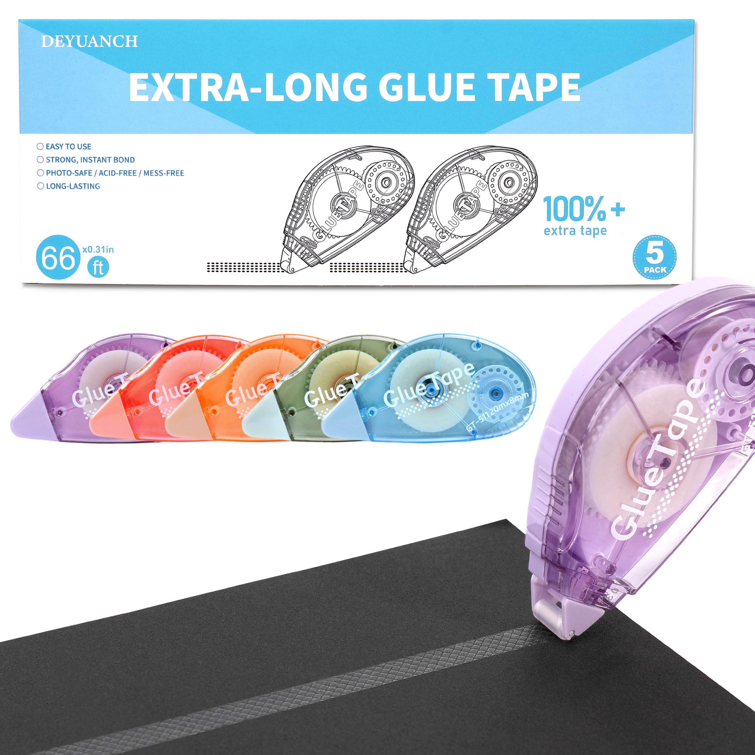 DEYUANCH Upgrade 3X Longer Glue Tape, 5-Pack Total 109 Yards, Photo-Safe Acid-Fr